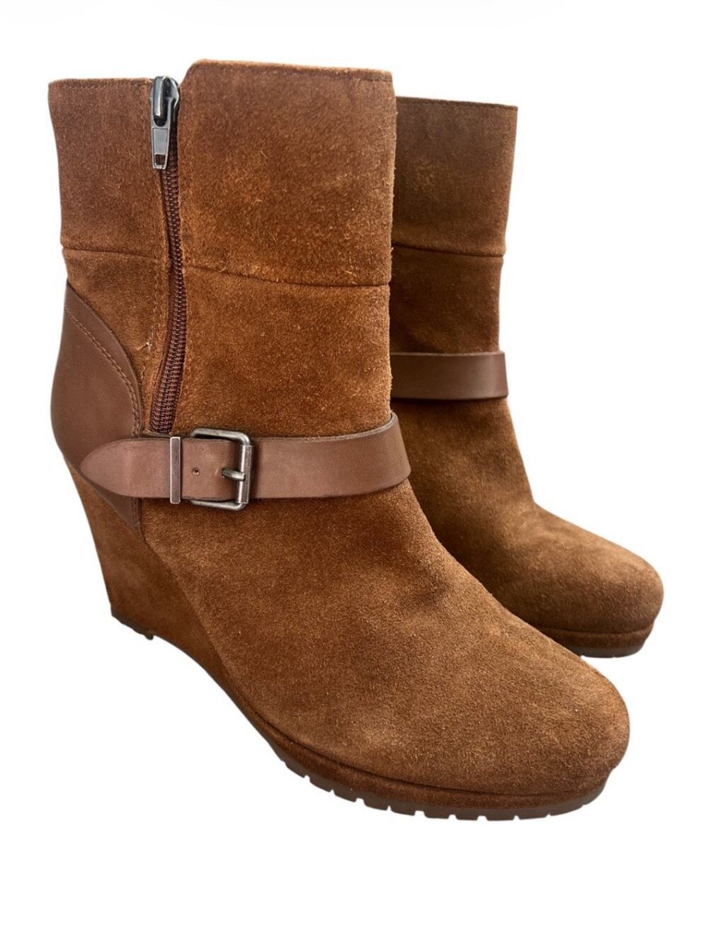 DOLCE VITA Brown Tan Suede Leather Wedge Buckle booties Sz 8 Zip Faux Sherpa